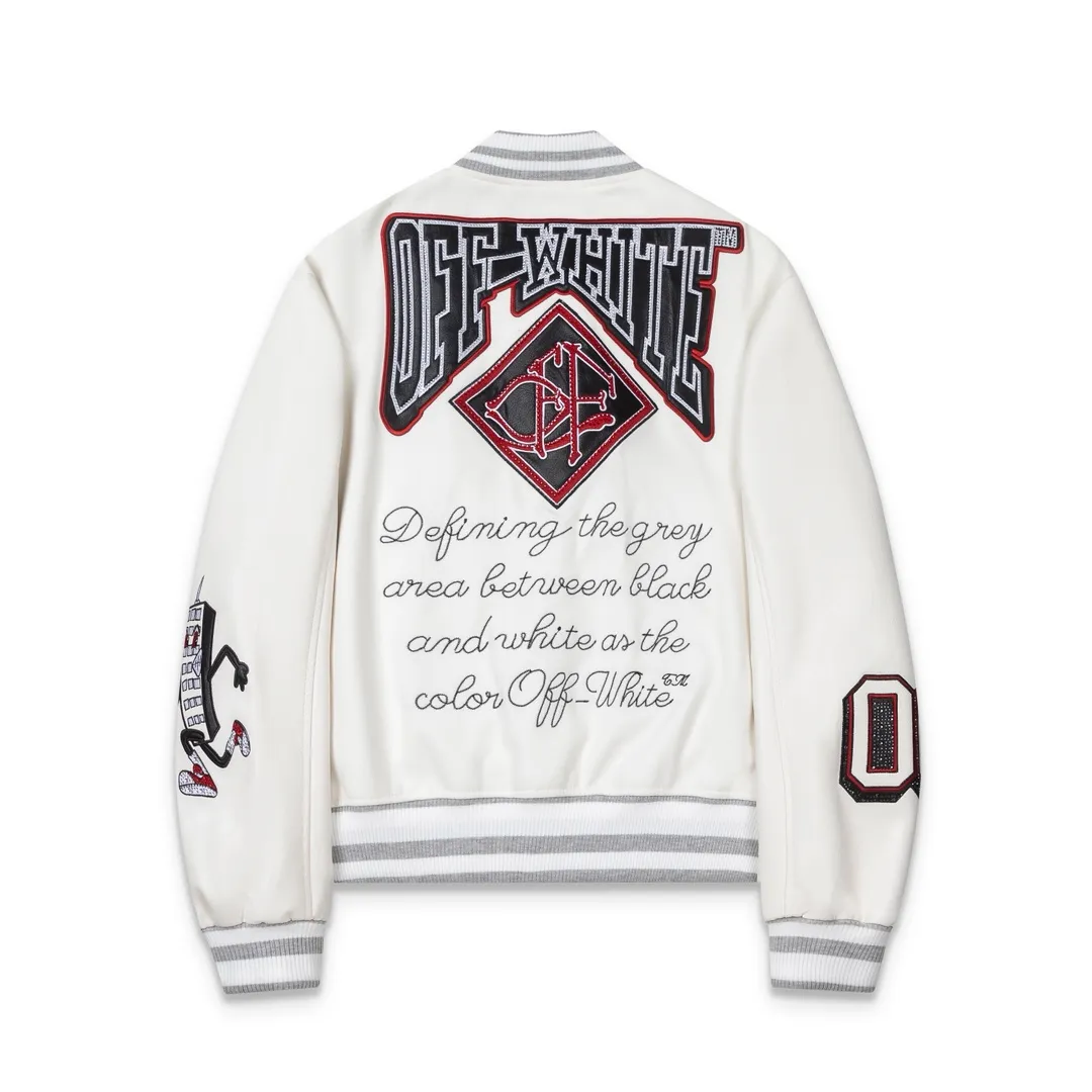 S66#P670, offwhite heavy-duty embroidery patchwork leather high-temperature hot-scaling crystal diamond baseball jersey. The body is made of woolen fabric. Couple style jacket. White size: S M L XL